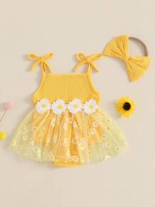 Newborn Girl Outfit, Sleeveless Flower Print Tulle Patchwork Romper Dress With Bowknot Hairband Summer Clothes - 黃色 - 查看 4
