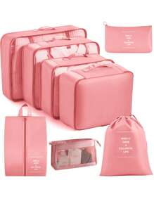 8/1 件旅行收纳套装，包括化妆包、行李收纳包、洗漱包、网袋、衣服袋、护肤包、化妆刷袋、鞋袋、瓶袋和拉绳袋，适用于衬衫、内衣、衣服、化妆品、口红、眼影、粉底、海绵、刷子和牙刷、牙膏、洗面奶、爽肤水、乳液、面霜等洗漱用品，适用于旅行、医院、宿舍、学校、度假、返校必需品