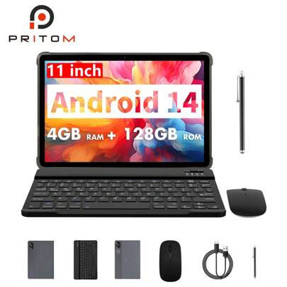 PRITOM TAB15 Lite 11-Inch Tablet, Android 14 System (T606 Octa-Core 2.0GHz Processor/4GB RAM (Expandable To 8GB)/128GB Storage/5G WiFi/WiFi 6/1280*800 IPS Display/8000mAh Battery/Type-C Port/2MP+8MP Camera), Includes Protective Case, Keyboard, Mouse, Stylus Pen (Adapter Not Included)
