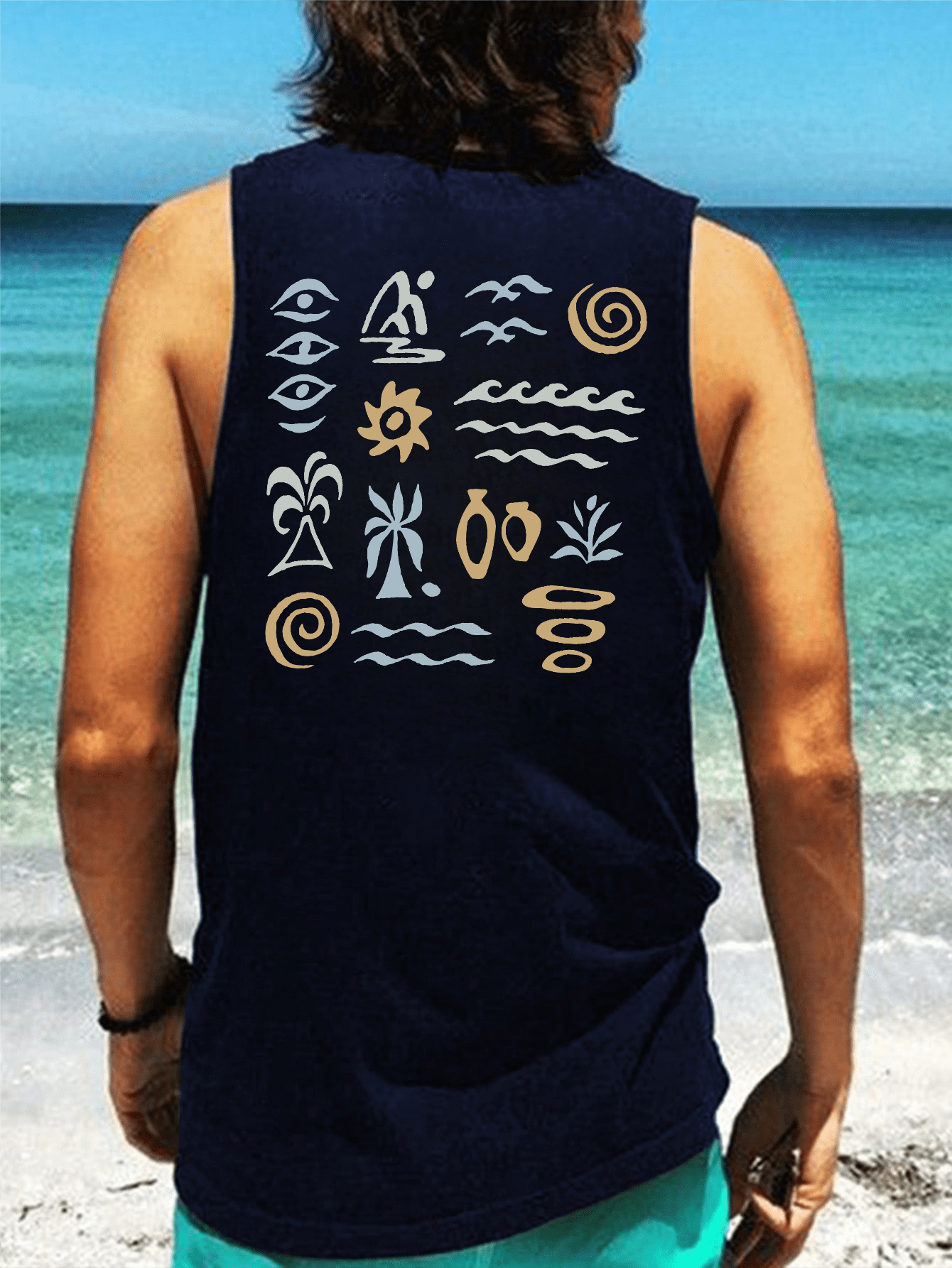Men's Casual Palm Tree Letter Print Round Neck Vest For Holiday