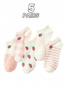 5 Pairs/Pack Women's Pink Fruit Strawberry Striped Plaid Shallow Socks Cute Student Japanese Style Casual Breathable Non-Falling Socks Women's Socks - Multicolor - View 13