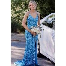 Spaghetti Straps Sequin Prom Dresses Mermaid Evening Dress Long Sparkly V Neck Formal Party Gowns With Slit - Aqua - 查看 6