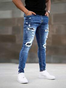 Men's Distressed Patch Stretch Slim Fit Jeans - Medium Wash - View 5