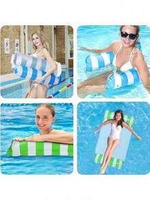 1 Piece Outdoor Fashion Inflatable With Net Two-Tube Straight Stripes Inflatable Hammock, Foldable Dual Purpose Backrest Floating Row, Summer Floating Lounger, Floating Bed Sofa, Water Recreation Lounger Floating Bed Pool Float - Multicolor - View 3