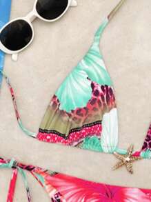 Bộ đồ 2 món mùa hè, họa tiết da báo và hoa lá ngẫu nhiên, trang trí sao biển kim loại, gồm áo hai dây và bikini cạp cao, thích hợp cho kỳ nghỉ biển. - da báo - Xem 9