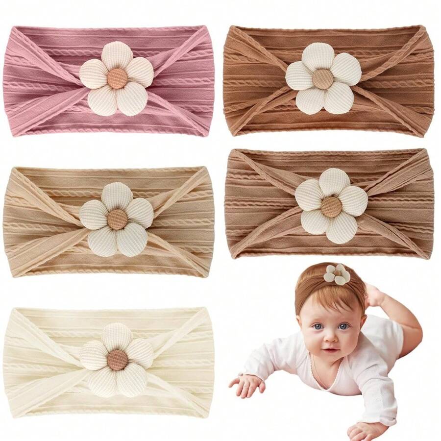 5 种颜色婴儿花朵头带，柔软女婴头带尼龙头带，适合女婴婴儿洗澡，适合新生儿婴幼儿的花朵发饰 - 彩色 - 查看 1