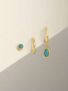 3Pcs Vintage Turquoise Flowers 925 Sterling Silver Earring For Women Classic Earring Set Minimalist Wedding Party Bridal Jewelry Fine Jewelry - Multicolor - View 4