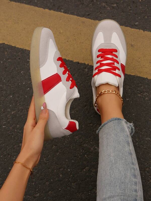 Damskie buty sportowe w dużych rozmiarach, modne, codzienne, biało-czerwone, patchworkowe, sznurowane trampki, wygodne na co dzień, na zewnątrz, do biegania, do koszykówki, miękka podeszwa, uniwersalne