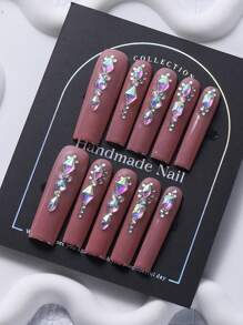 10pcs Long Water Drop Pink Nail Art Decals With Sparkling Rhinestones, Y2k, Hot Girl, Ins Style, Handmade, Elegant Design Suitable For Women & Girls Press On Nails