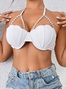 Bikini Tops For Women Halter Neck Pearled Shell Mermaid Bathing Suit Swim Tops Beach Swimwear - trắng - Xem 4