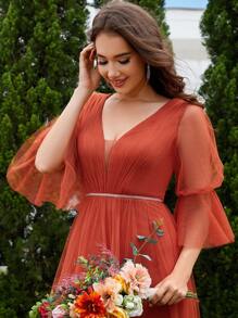 EVERPRETTY Elegant Spring V-Neck Lantern Sleeve V-Neck Mesh Burnt Orange Bridesmaid Dresses Formal Dress Wedding Guest Gown