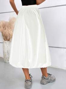 女士泡泡裙，松紧腰带，带口袋，纯色A字长裙，白色，春季款 - 白色 - 查看 3