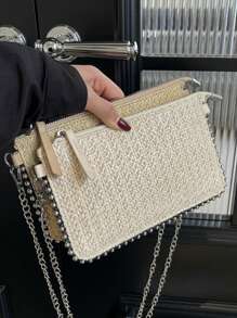 Summer Fashionable Charm Women Mini Beaded Woven Handbag, 2025 New Floral Straw Crossbody Envelope Bag