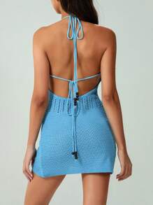 Women Y2k Halter Mini Dress Knit Crochet Hollow Out Sexy Sleeveless Backless Bodycon Dress Casual Summer Beach Vacation Cut Out Coverups Club Streetwear Beach Cover Up Dress - Màu xanh lam - Xem 5