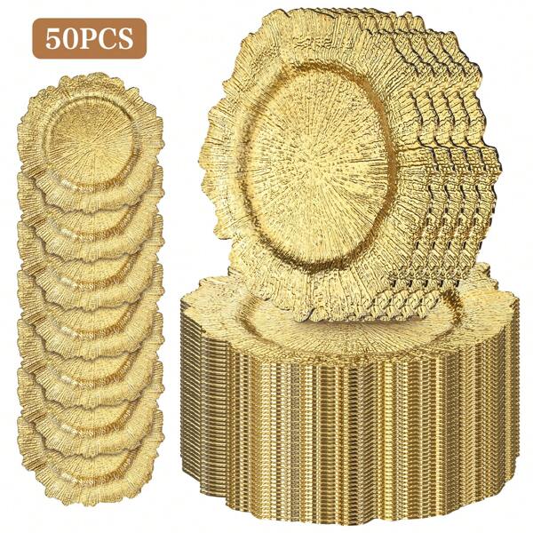 50pcs 13 Inch (Approximately 33.0 Cm) Christmas Charger Trays, Loose Plastic Sheet Charger With Floral Coral Reef Design, Circular Ruffle Edge, Dinner Charger Tray Suitable For Dinner, Wedding, Party, Event, Table Decoration