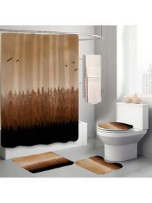 1 件/4 件水彩森林风景浴室装饰套装，包括带 12 个挂钩的防水浴帘、防滑浴垫、U 型马桶垫和圆形马桶盖，适用于整个浴室场景