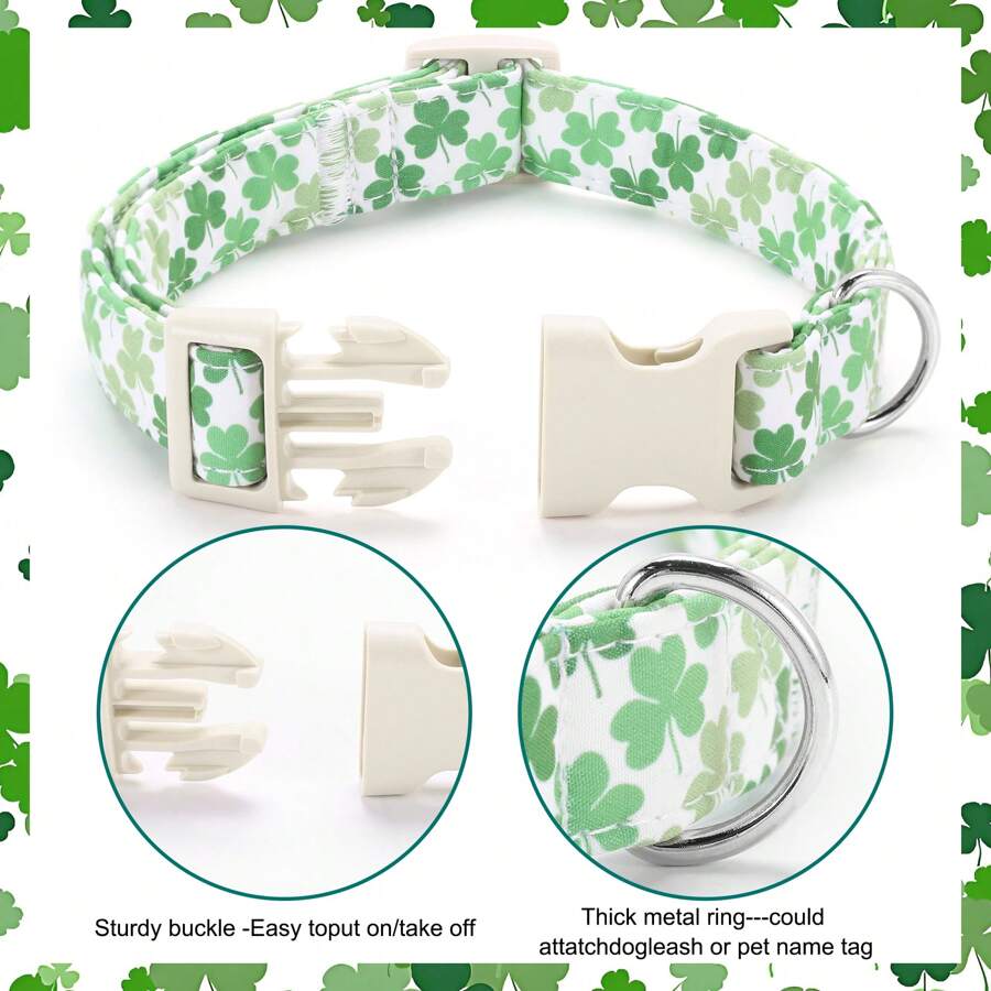 St. Patrick's Day Themed! Multiple Clover & Shamrock Print Polyester Dog Collar, Various Sizes Fit Small/Medium/Large Dogs, Suitable For Boy Dogs & Girl Dogs