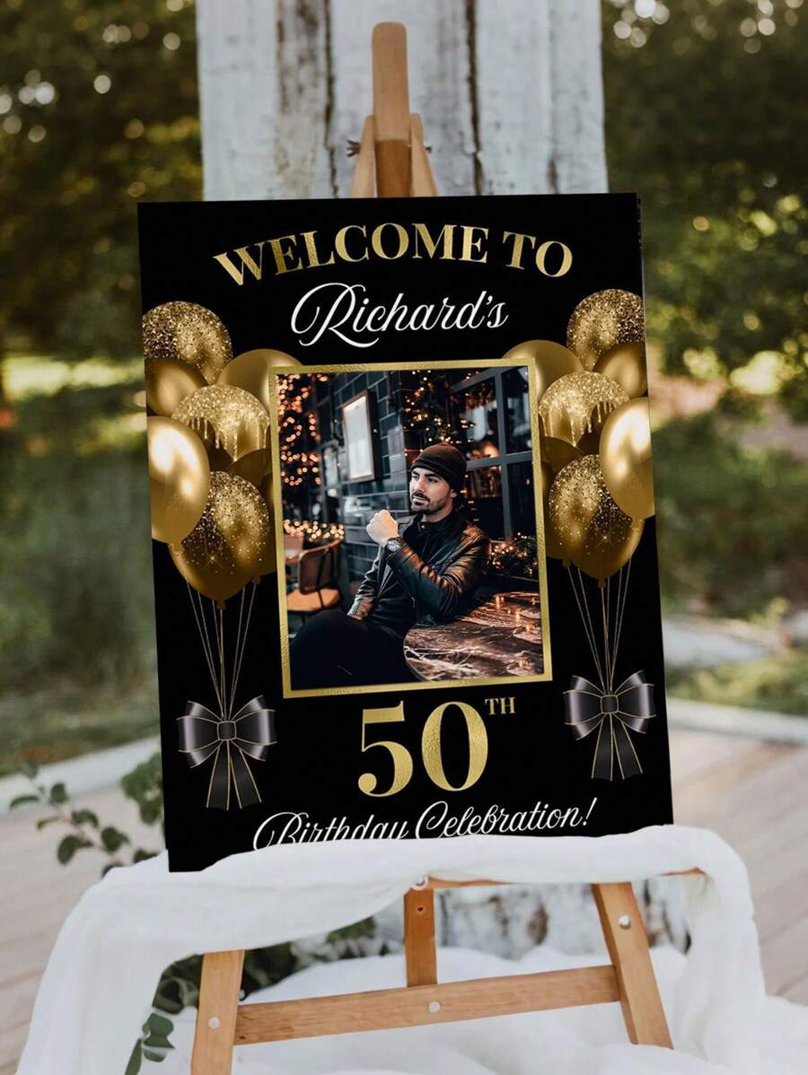 1pc- Black Gold Style Personalized Photo Birthday Poster, Custom Birthday Welcome Sign Photo, Custom Frameless Canvas Poster - Personalized Wall Art With Your Photo, Wall Decoration, Home Decoration Beautifully Decorated, Birthday Celebration Board Sign, Any Age, Modern Poster Printing, Stylish Outdoor Poster Decoration, Stylish Home Decoration Give Him A Unique Gift,Warm Ambience, Autumn Home Refresh,Home Harmony ,For Family - Multicolor - View 1