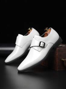 Men's Casual Buckle Closure Solid Color Round Toe Mid-Heel Leather Shoes, White Polished Formal Dress Shoes All Season - White - View 2
