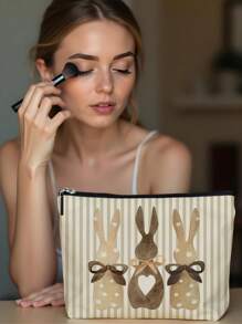 1 pieza Bolsa de cosméticos con estampado de lino de conejito de Pascua, hermosa bolsa de maquillaje de viaje y monedero multipropósito, regalo práctico y ligero para mujeres