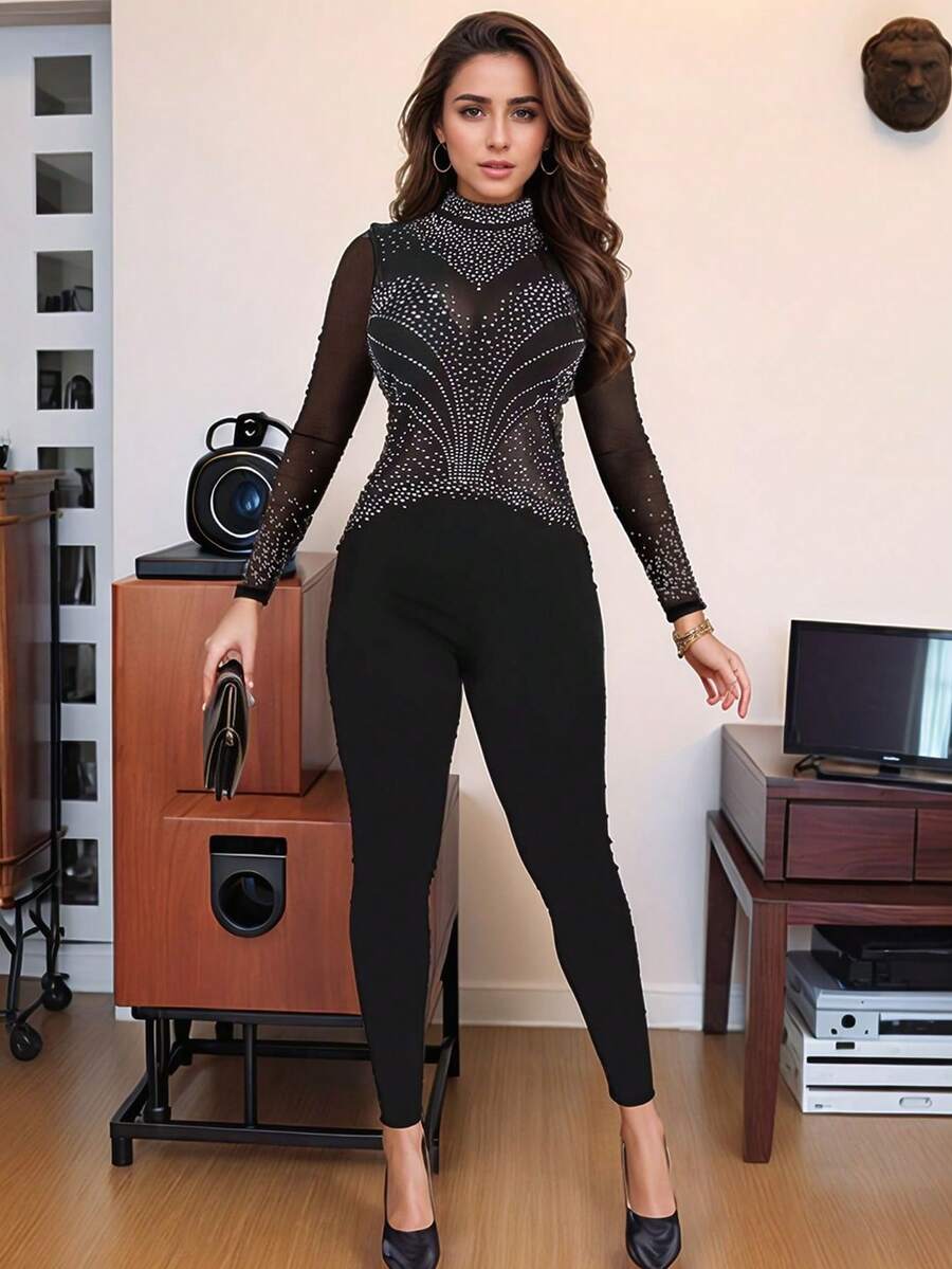 Women's Crystal Embellished See-Through Net Bodycon Jumpsuit - Black - View 1