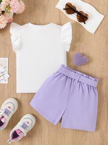 3pcs/Set Girls Cap Sleeve Top + Ribbed Pattern Top + Casual Shorts Outfit With Belt