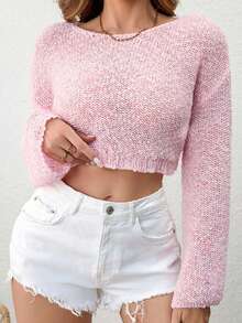 Women's Fashion Off Shoulder Hollow See-Through Knitted Pullover Shrug, Lightweight Casual, Spring/Summer, Long Sleeve - Pink - View 2