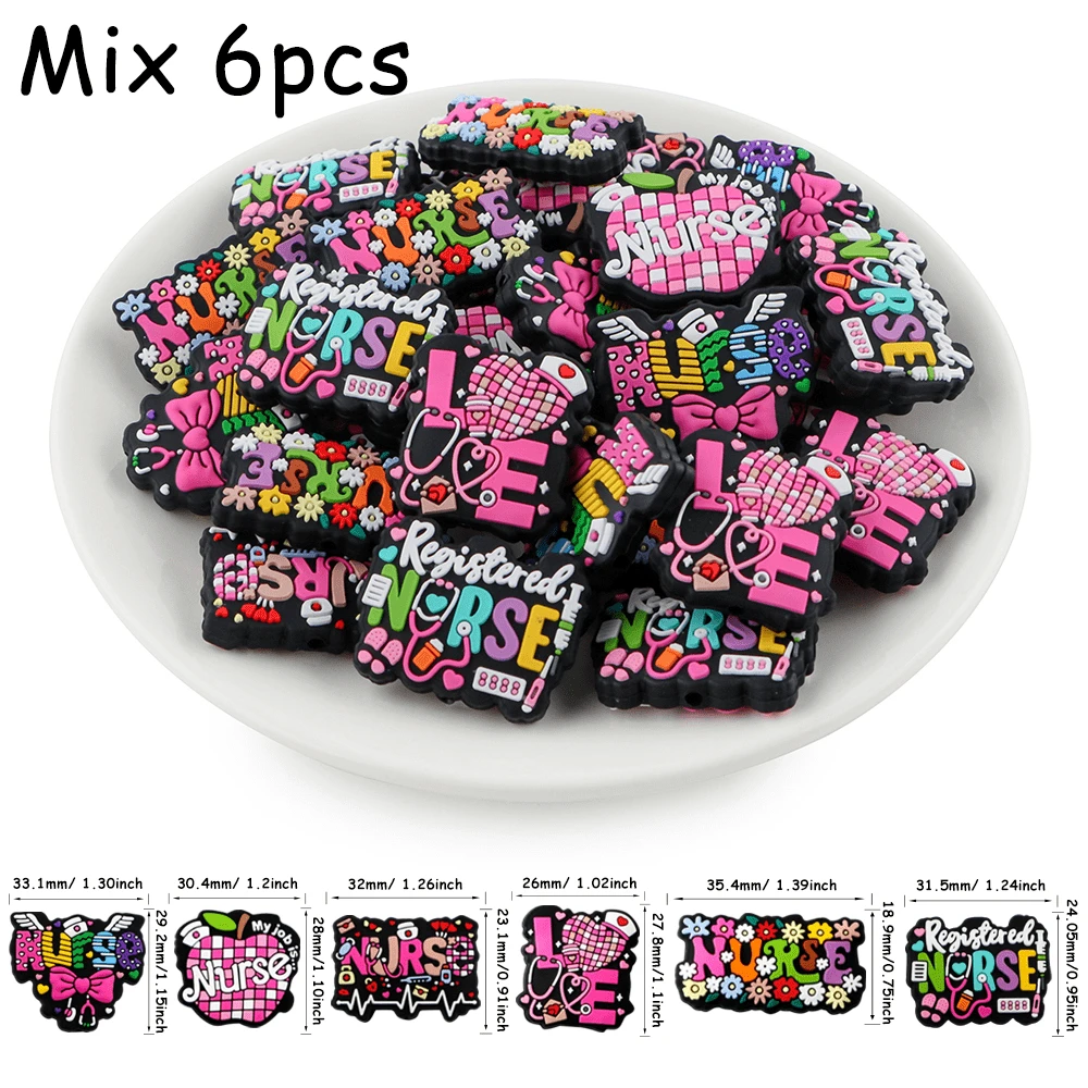 6PCS,硅胶焦珠,含护士硅胶焦珠,适用于DIY手工珠宝制作,珠笔,钥匙扣吊坠,包包吊坠等, - 彩色 - 查看 1