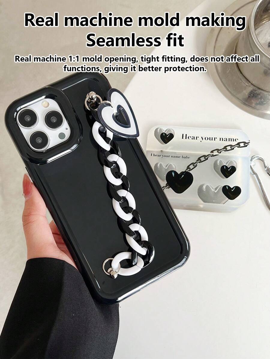 2025 New Design Black & White Heart Chain Phone Case & Earphone Case Set - Black and White - View 1
