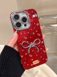 1pc Elegant Red Floral Metallic 3D Bow Phone Case - Precise Camera Cutout Protective Soft Cover Compatible With IPhone 7/8 Plus, X, XR, XS Max, 11, 12, 13, 14, 15 Plus, 16 Pro Max, 17 Pro Max