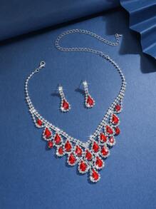3pcs Geometric Rhinestone Water Drop Tassel Pendant Necklace & Earring Jewelry Set For Women