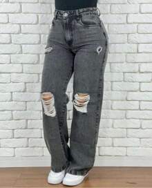 Women's Wide Leg Ripped Jeans, Garafite Wide Leg Jeans, High Waist Jeans - Black and Gray - View 1