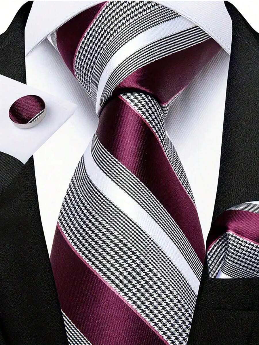 Men Tie Sets Classic Fashion Necktie Set With Cufflink For Business Party - Burgundy - View 1