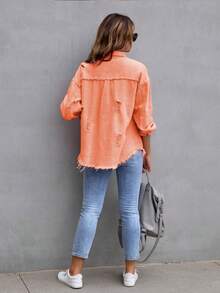 Ladies Single-Breasted Drop Shoulder Long Sleeve Denim Blouse - Orange - View 4