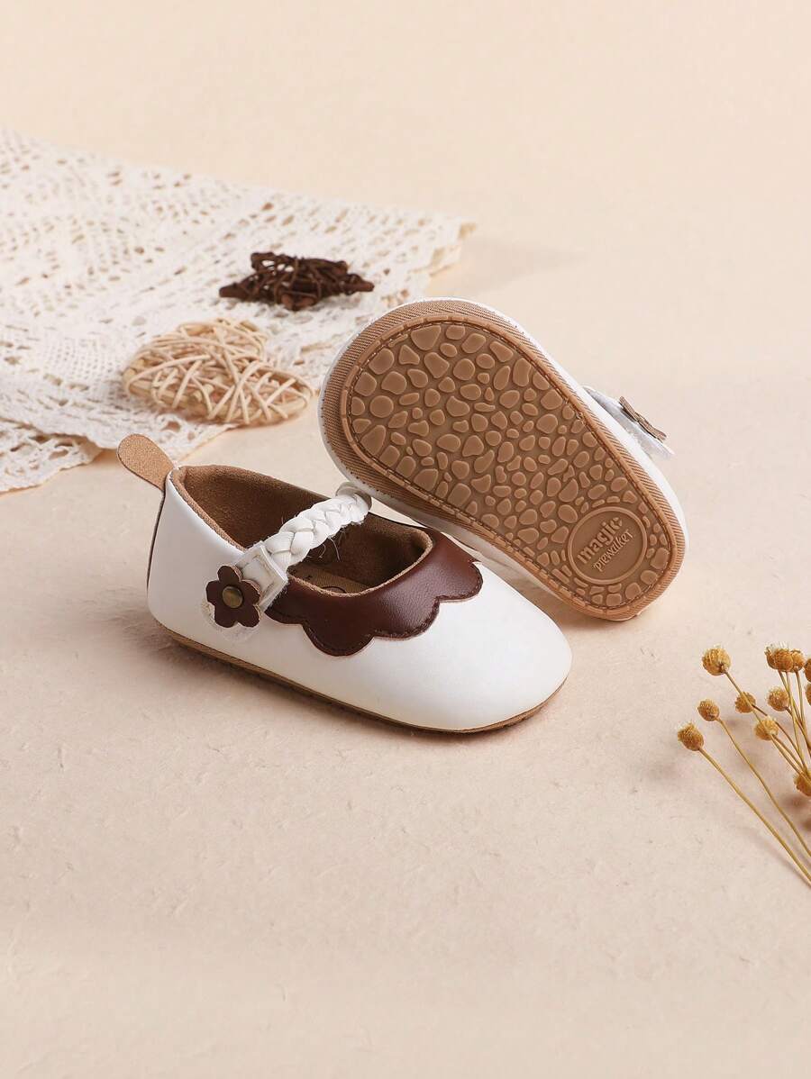 1 Pair Girls Plain Floral Hook And Loop Design Flat Fashionable Cute Princess Shoes,Suitable For Spring And Autumn