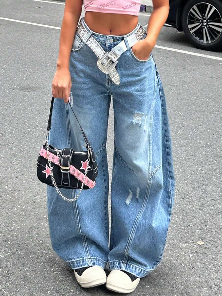 Y2K Vintage American High-Waisted Flared Banana Pants - Retro Blade Cut Wide-Leg Denim Trousers,Sickle Pants,Barrel-Leg Jeans - Light Wash - View 1