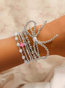 6pcs Women's Faux Pearl Bowknot, Resin Heart & Round Beaded Bracelet Set, Elegant For Party Wear