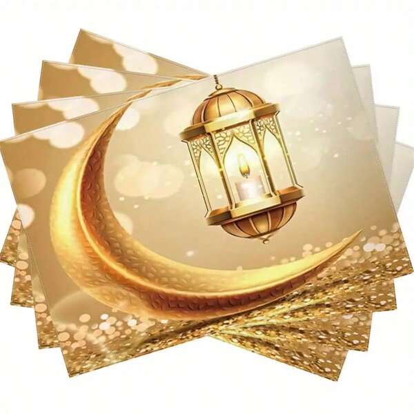 1/4/6/8 pièces Sets de table polyester Bénédictions du Ramadan - Résistant à la chaleur, antidérapant, design étoile et croissant, adapté aux célébrations de l'Aïd et à la décoration de la maison, lavable en machine, nattes rectangulaires tissées
