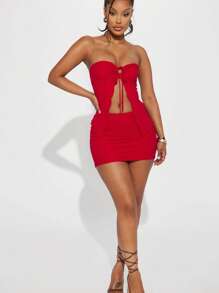 女士性感纯色抹胸镂空不对称上衣紧身一步裙套装、圣诞服装、外出服装、性感俱乐部服装、束身衣裙、露肩装、演唱会狂欢服装