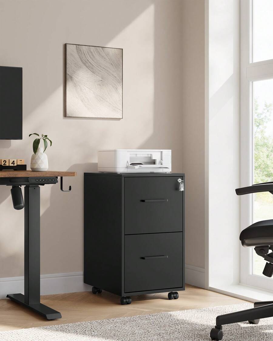 SONGMICS File Cabinet, Pre-Assembled Except Wheels And Handles, Office Filing Cabinet With Lock, For A4, Legal, Letter Sized Documents, 17.7 X 14.4 X 25.4 Inches