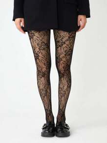 1pc Black Floral Jacquard Mesh Tights, Women Sexy Sheer Pantyhose Leggings'