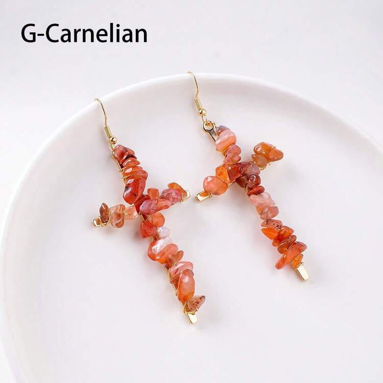 1Pair Natural Crystal Gravel Stone Cross Amethyst Eardrop Earrings Pink Crystal Reiki Eardrop Women Party Wedding Jewelry - Crushed Stone Cross Earrings - View 14