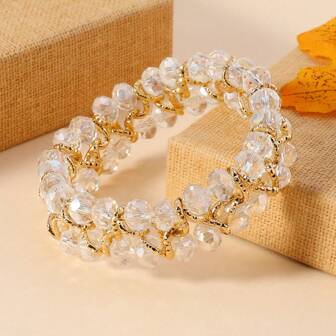 1pc Handmade Beaded Bracelet With Bright Crystal Beads And Aluminum Chain, Versatile Design Suitable For Women, Party, Wedding, Beach, Holidays, Classic & Fashionable Gift