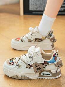 New Teddy Bear Design Khaki Women Sports Shoes, Fashion Breathable Casual Platform Sneakers, Anti-Slip Student Skateboard Shoes - Khaki - View 2