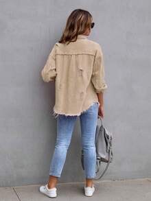 Ladies Single-Breasted Drop Shoulder Long Sleeve Denim Blouse - Khaki - View 3