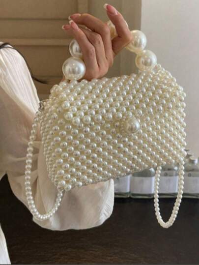 New Handmade Beaded Woven Bag, Elegant Handbag, Exquisite Fashion Faux Pearl Chain Shoulder Crossbody Bag, Suitable For Dates, Music Festivals, Galas, Balls, And Other Occasions, Elegant Faux Pearl Bag, Faux Pearl Bag