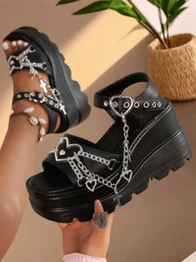 Y2K Style New Spring/Summer Slope Heel Thick Bottom Women's Fashion Sandals Slippers Comfortable Casual Shoes Women's Gothic Style Cross Chain Detail Platform Sandals - màu đen - Xem 1