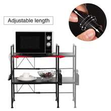 Expandable Microwave Rack, 3-Tier Kitchen Microwave Stand, Carbon Steel Microwave Holder For Countertop, Kitchen Storage Organizer With 6 Hooks - Black - View 8