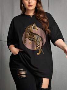 Women's Plus Size Sports Loose T-Shirt With Tiger Print, Suitable For Girlfriends, Family, Friends, Parties, Outdoor Sports' Home; Plus Size Women's Casual T-Shirt, Loose Casual Women's Plus Size Sports Casual Loose Tops
