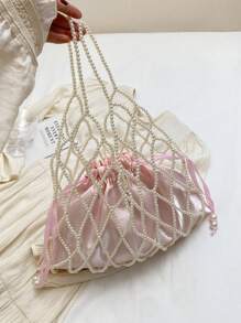 1pc Handmade Beaded Rhombus Weave Pearl Fishing Net Style Handbag, Sweet And Elegant Design For Women, Suitable For Summer Beach Vacation (With Drawstring Inner Pouch)